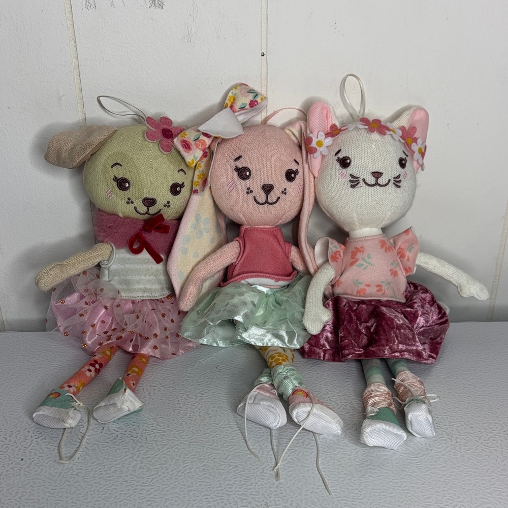 Set of Three Plush Animal Dolls with Floral Dresses